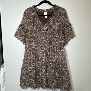H&M ruffled floral print boho short sleeve relaxed dress brown white‎ US 8